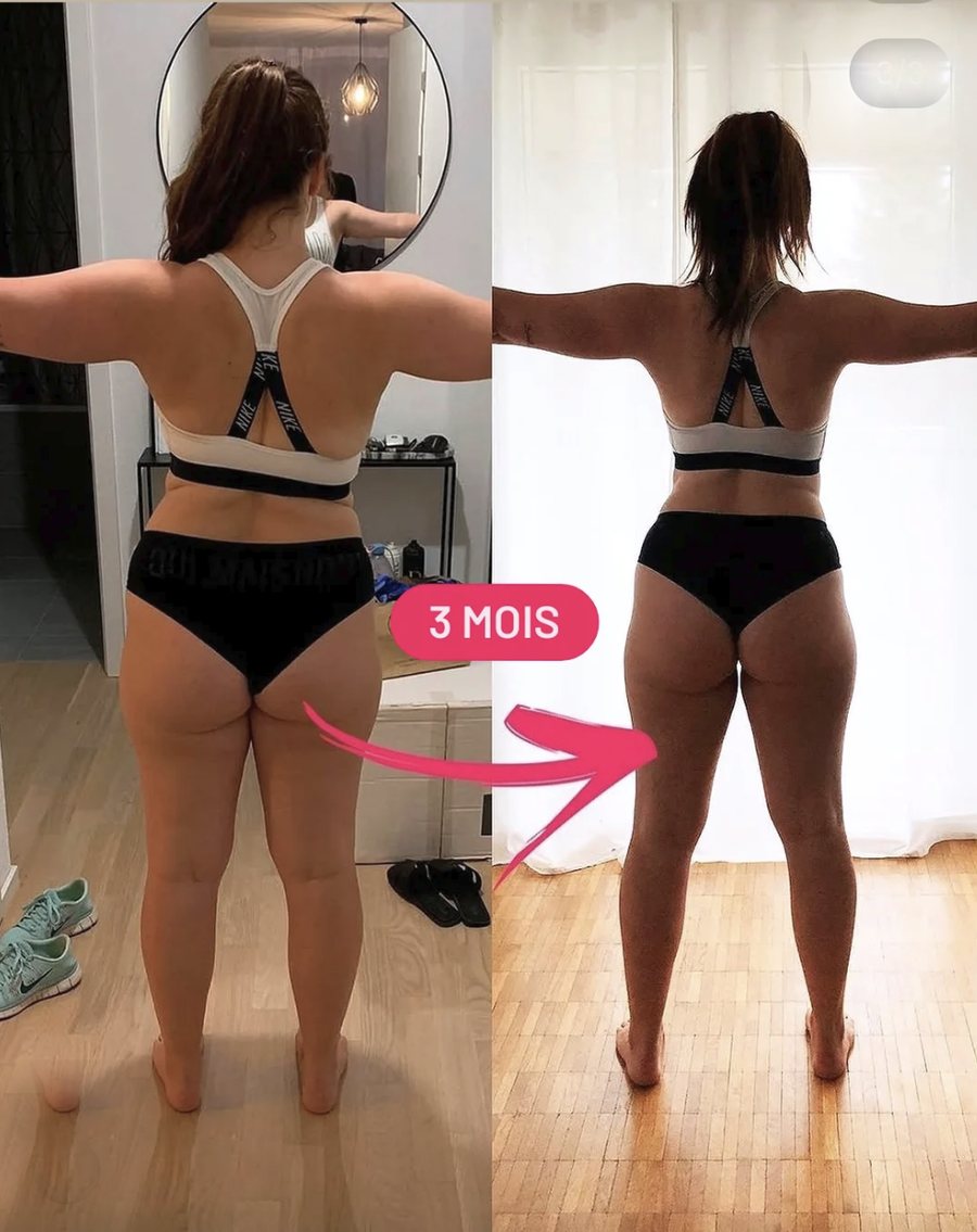 Avant / après de dos montrant l'affinement de la silhouette en 3 mois