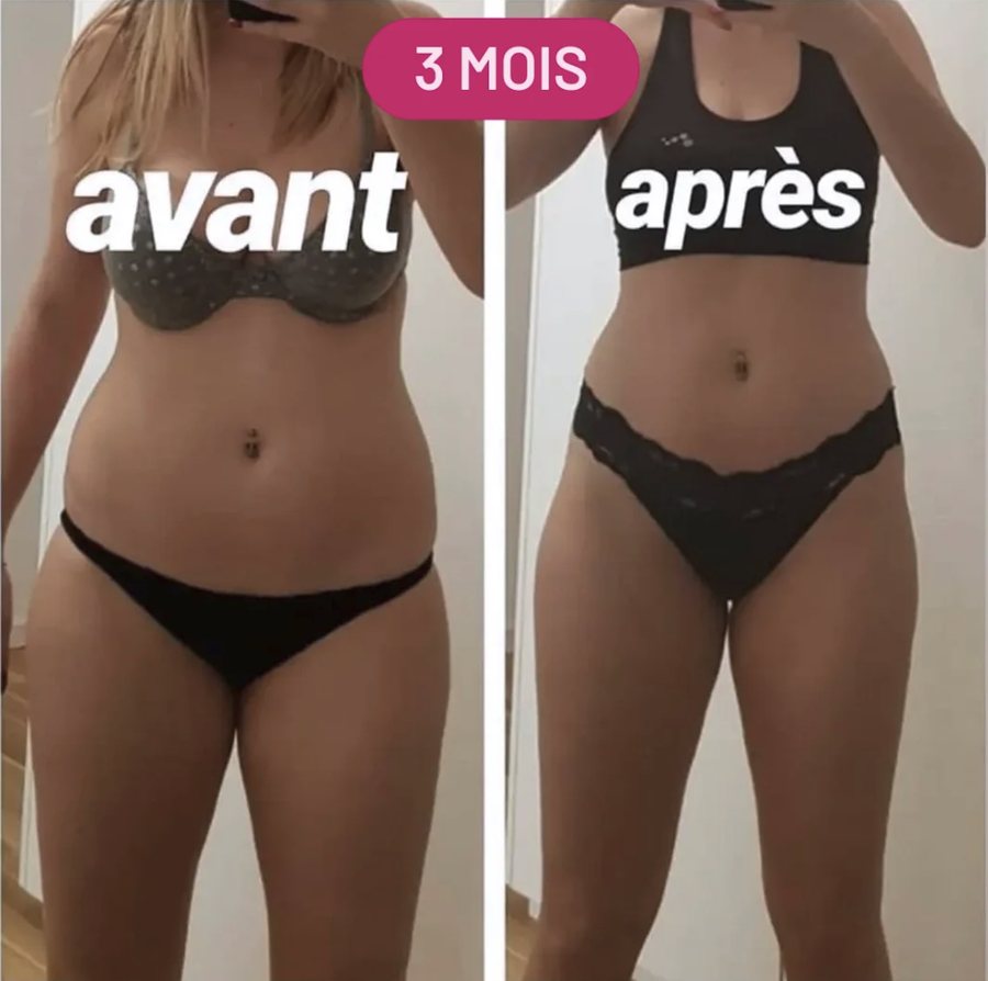 Avant / après de face montrant l'évolution de la silhouette après 3 mois de coaching sportif