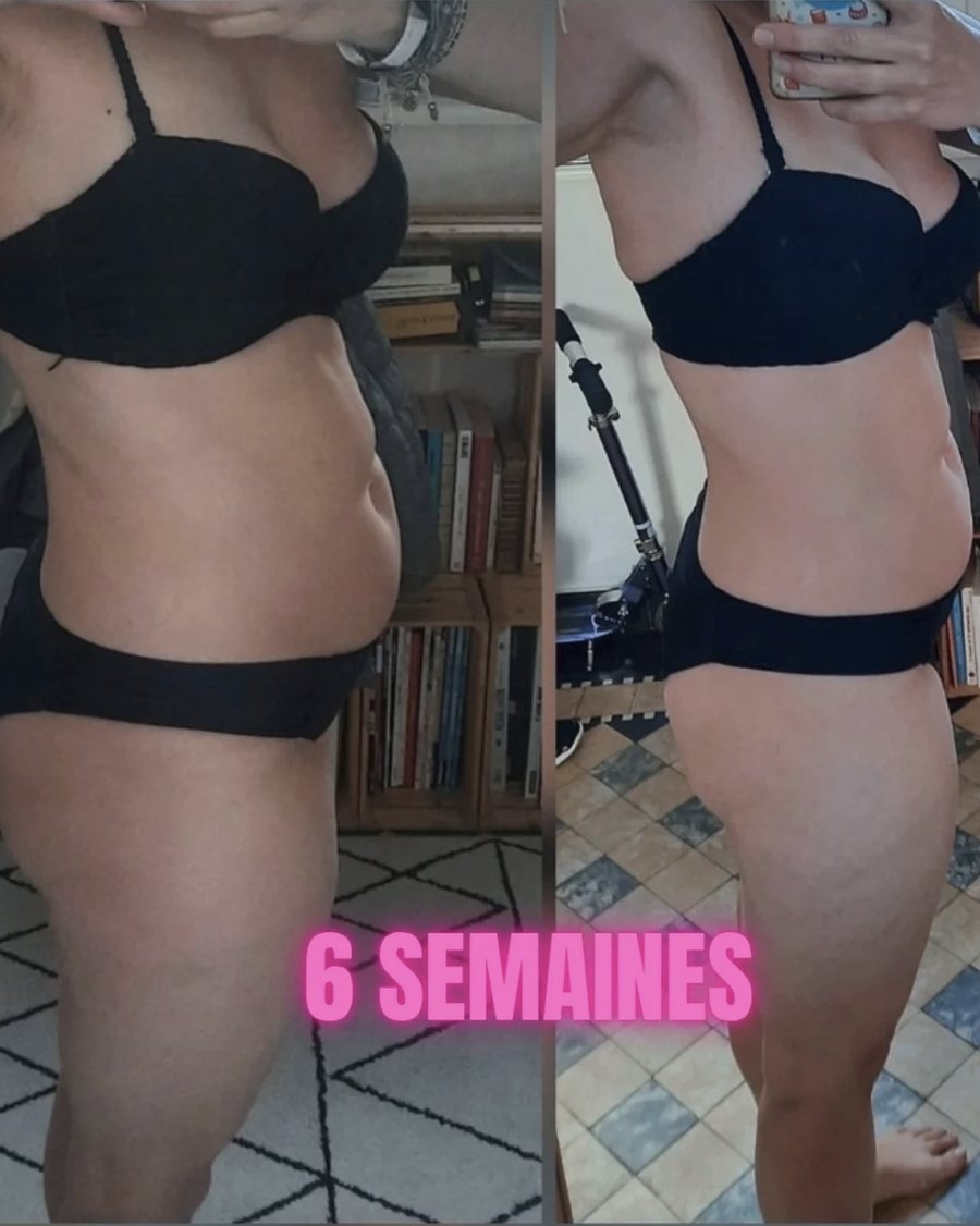 Avant / après de profil montrant l'évolution de la silhouette après 6 semaines d'entraînement