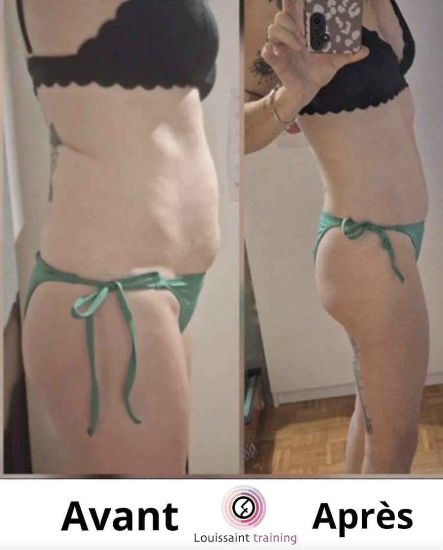 Avant / après ventre plat obtenu avec le coaching sportif et le suivi nutrition Louissaint Training