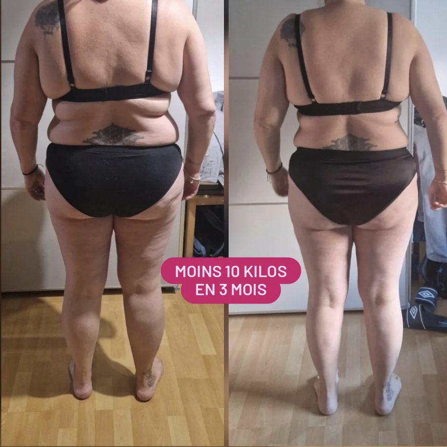 Avant / après de dos d'une cliente ayant perdu 10 kilos en 3 mois de coaching sportif