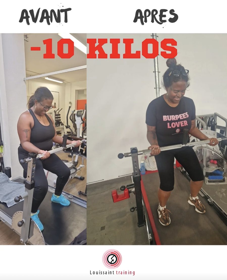 Avant / après d'une cliente ayant perdu 10 kilos grâce à la musculation en salle à Yverdon-les-Bains
