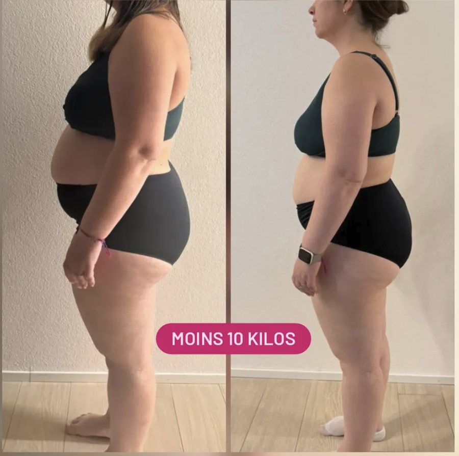 Avant / après de profil d'une femme ayant perdu 10 kilos avec un coach sportif