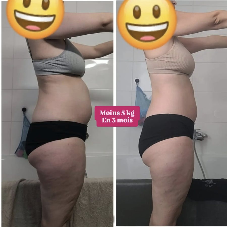 Avant / après d'une cliente ayant perdu 5 kg en 3 mois de coaching à Yverdon-les-Bains