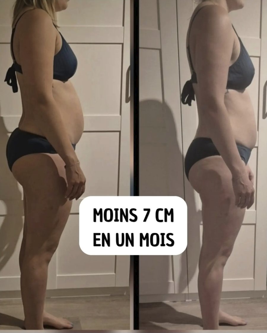 Avant / après de profil d'une cliente ayant perdu 7 cm de tour de taille en un mois de coaching sportif